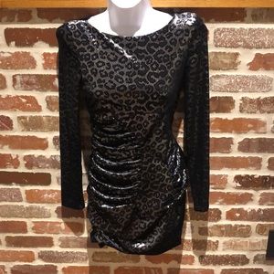 Bebe blue & metallic silver shoulder pad dress